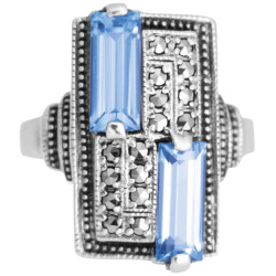 Elegant Ring Victorian Style 925 Sterling Silver English Hallmarks Set with Synthetic Aquamarine and Marcasite