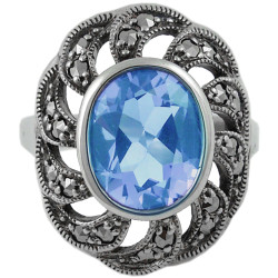 Elegant Ring Victorian Style 925 Sterling Silver English Hallmarks Set with Synthetic Aquamarine and Marcasite