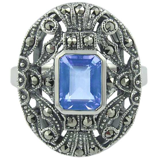 Elegant Ring Victorian Style 925 Sterling Silver English Hallmarks Set with Synthetic Aquamarine and Marcasite