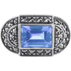 Elegant Ring Victorian Style 925 Sterling Silver English Hallmarks Set with Synthetic Aquamarine and Marcasite