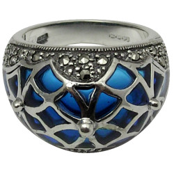 Elegant Ring Elizabethan Style 925 Sterling Silver English Hallmarks Set with Blue Enamel and Marcasite