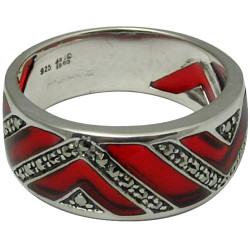 Elegant Ring Elizabethan Style 925 Sterling Silver English Hallmarks Set with Red Enamel and Marcasite