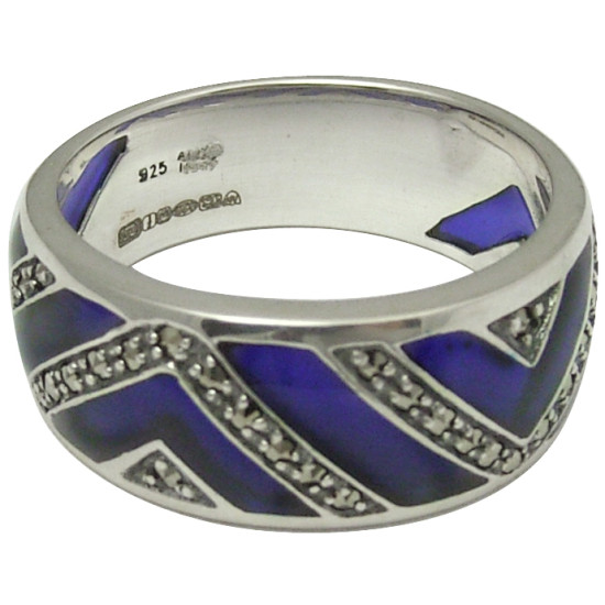 Elegant Ring Elizabethan Style 925 Sterling Silver English Hallmarks Set with Blue Enamel and Marcasite