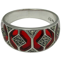 Elegant Ring Elizabethan Style 925 Sterling Silver English Hallmarks Set with Red Enamel and Marcasite
