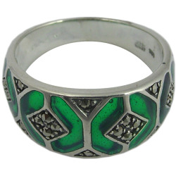 Elegant Ring Elizabethan Style 925 Sterling Silver English Hallmarks Set with Green Enamel and Marcasite