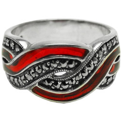 Elegant Ring Elizabethan Style 925 Sterling Silver English Hallmarks Set with Red Enamel and Marcasite