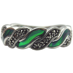 Elegant Ring Elizabethan Style 925 Sterling Silver English Hallmarks Set with Green Enamel and Marcasite