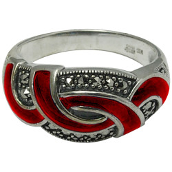 Elegant Ring Elizabethan Style 925 Sterling Silver English Hallmarks Set with Red Enamel and Marcasite