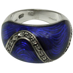 Elegant Ring Elizabethan Style 925 Sterling Silver English Hallmarks Set with Blue Enamel and Marcasite