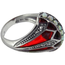 Elegant Ring Elizabethan Style 925 Sterling Silver English Hallmarks Set with Red Enamel Opal and Marcasite