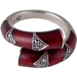 Bamboo Style Ring 925 Sterling Silver English Hallmarks Set with Red Enamel and Marcasite