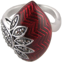 Elegant Ring Elizabethan Style 925 Sterling Silver English Hallmarks Set with Red Enamel and Marcasite