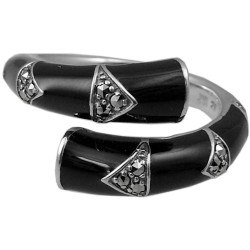 Bamboo Style Ring 925 Sterling Silver English Hallmarks Set with Black Enamel and Marcasite