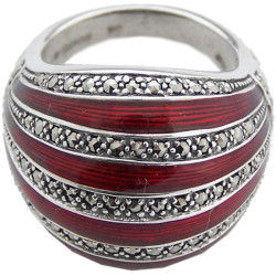 Elegant Ring Elizabethan Style 925 Sterling Silver English Hallmarks Set with Red Enamel and Marcasite