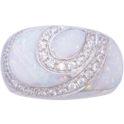 Swirl Ring 925 Sterling Silver Set With Crushed White Opal Resin and Cubic Zirconia