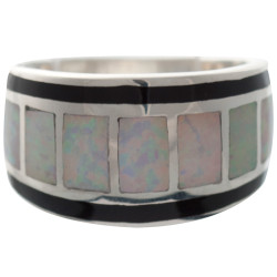 Elegant Ring 925 Sterling Silver With Crushed White Opal Resin and Black Enamel