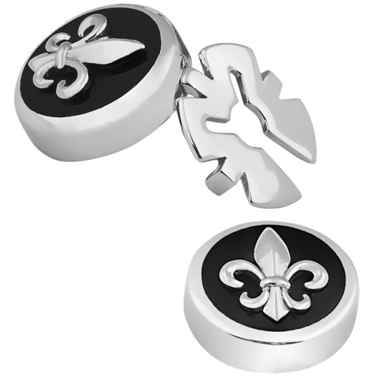 Fleur de Lys Button Covers 925 Sterling Silver English Hallmarks Set With Black Enamel