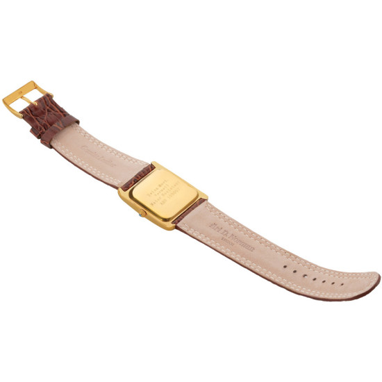 Unisex Watch Gold Plated (Vermeil) 925 Sterling Silver English Hallmarks With Brown Leather Strap and Blue Sapphire Winder