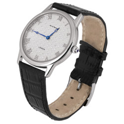 Diamond Effect Unisex Watch 925 Sterling Silver English Hallmarks With Black Leather Strap