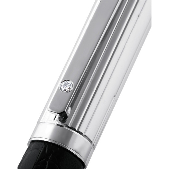 Rollerball Pen 925 Sterling Silver English Hallmarks with Black Leather Set with a Diamond