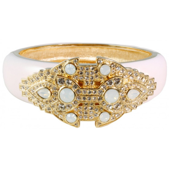 Cuff Bangle Art Deco Style Gold Plated Metal Alloy Set with Enamel and Sparkling Austrian Crystals
