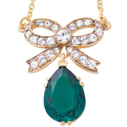 Teardrop Necklace Elizabethan Style Gold Plated Metal Alloy Set With Sparkling Green and Clear Austrian Crystals