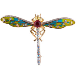Dragonfly Pin Brooch With Moving Wings That Flap Gold Plated Metal Alloy Set With Enamel and Sparkling Austrian Crystals