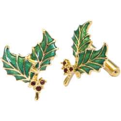 Christmas Holly Cufflinks Gold Plated Metal Alloy Set With Enamel and Sparkling Austrian Crystals