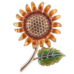 Sunflower Pin Brooch Gold Plated Metal Alloy Set With Enamel and Sparkling Austrian Crystals