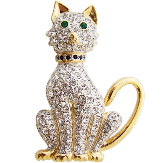 Cat Pin Brooch Gold Plated Metal Alloy Set with Sparkling Swarovcki Crystals