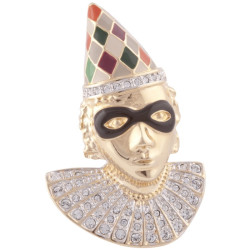 Harlequin Pin Brooch Art Deco Style Gold Plated Metal Alloy Set With Enamel and Sparkling Austrian Crystals