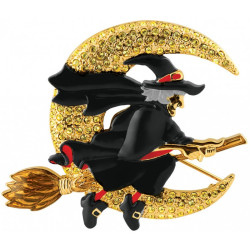 Witch on Broom Pin Brooch Gold Plated Metal Alloy Set With Enamel and Sparkling Austrian Crystals