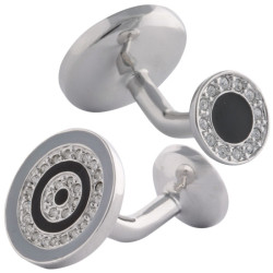 Round Cufflinks Rhodium Plated Metal Alloy Set With Black Enamel and Sparkling Austrian Crystals
