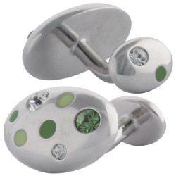 Oval Palette Design Cufflinks Rhodium Plated Metal Alloy Set With Green Enamel and Sparkling Austrian Crystals