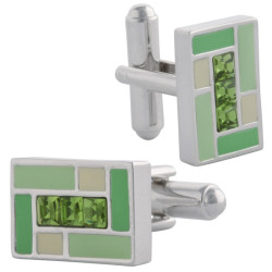 Rectangular Cufflinks Rhodium Plated Metal Alloy Set With Green Enamel and Sparkling Austrian Crystals