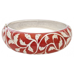 Floral Pattern Statement Bangle Rhodium Plated Metal Alloy Set With Red Enamel and Sparkling Austrian Crystals