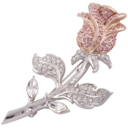 Rose Pin Brooch Rhodium Plated Set With Sparkling Austrian Crystals