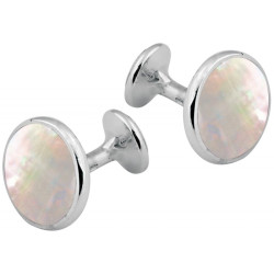 Round Fixed Post Cufflinks 925 Sterling Silver English Hallmarks Set With Mother of Pearl