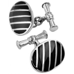 Oval Striped Chain Link Cufflinks 925 Sterling Silver English Hallmarks Set With Black Onyx