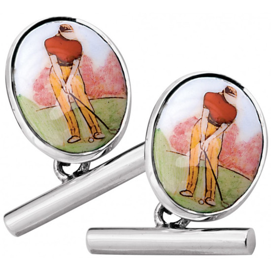 Golfer Chain Link Cufflinks 925 Sterling Silver English Hallmarks Set With Hand Painted Enamel