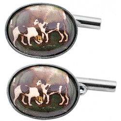 Two Dogs Chain Link Cufflinks 925 Sterling Silver English Hallmarks Set With Hand Painted Enamel