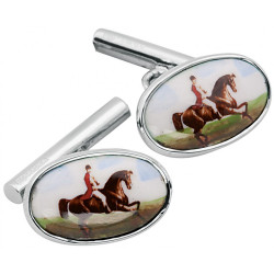 Hunting Horse Chain Link Cufflinks 925 Sterling Silver English Hallmarks Set With Hand Painted Enamel