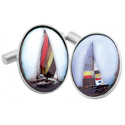Sailing Chain Link Cufflinks 925 Sterling Silver English Hallmarks Set With Hand Painted Enamel