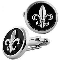 Fleur de Lys Torpedo Cufflinks 925 Sterling Silver English Hallmarks Set With Black Enamel