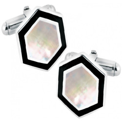 Hexagonal Torpedo Cufflinks 925 Sterling Silver English Hallmarks Set With Enamel and Mother of Pearl