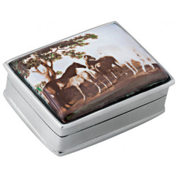 Five Horses Pill Box 925 Sterling Silver English Hallmarks Set with Hand Painted Enamel