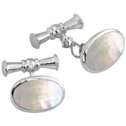 Oval Chain Link Cufflinks 925 Sterling Silver English Hallmarks Set With Mother of Pearl