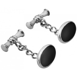 Oval Chain Link Cufflinks 925 Sterling Silver English Hallmarks Set With Black Onyx