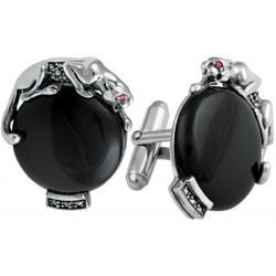 Panther Cufflinks Art Deco Style 925 Sterling Silver English Hallmarks Set With Black Onyx Marcasite and Emerald Eyes