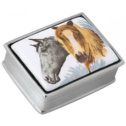 Two Horse Heads Pill Box 925 Sterling Silver English Hallmarks Set with Hand Painted Enamel